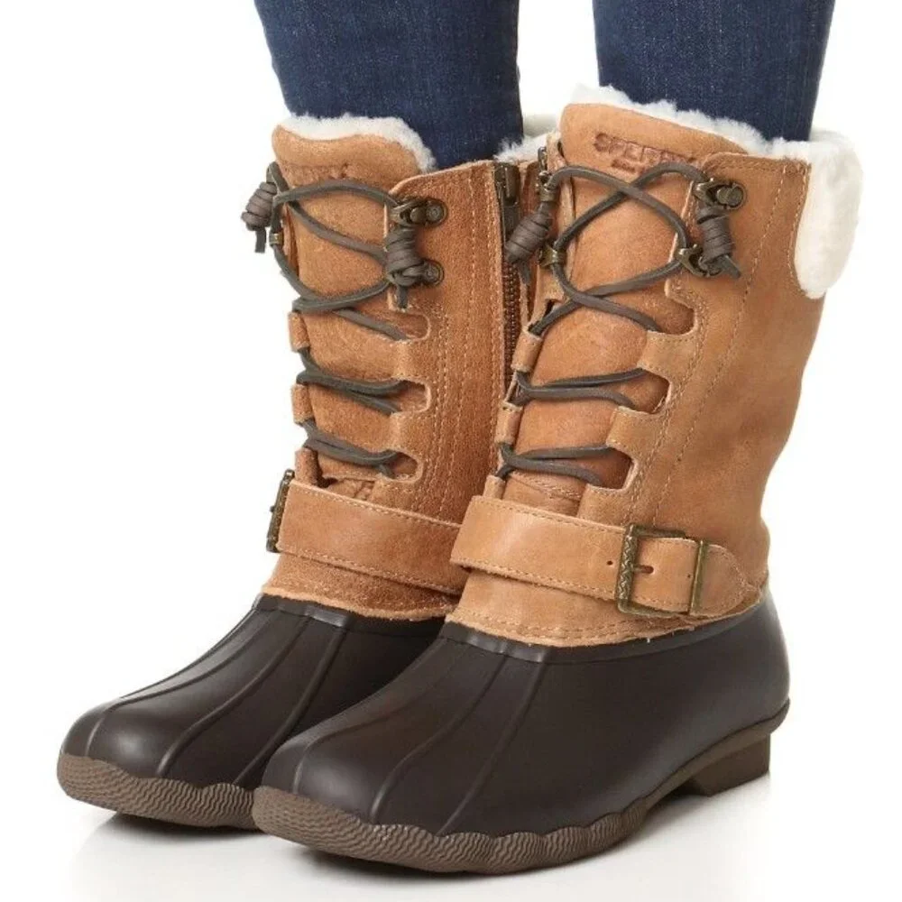 Sperry $225 Women's Saltwater Misty Brown/Fur Duck Boots Sz 12 NIB!